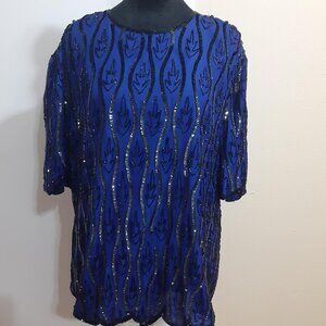 Vintage SCALA Women's Size 2xl Blue Silk Beaded Evening Blouse *AS IS*